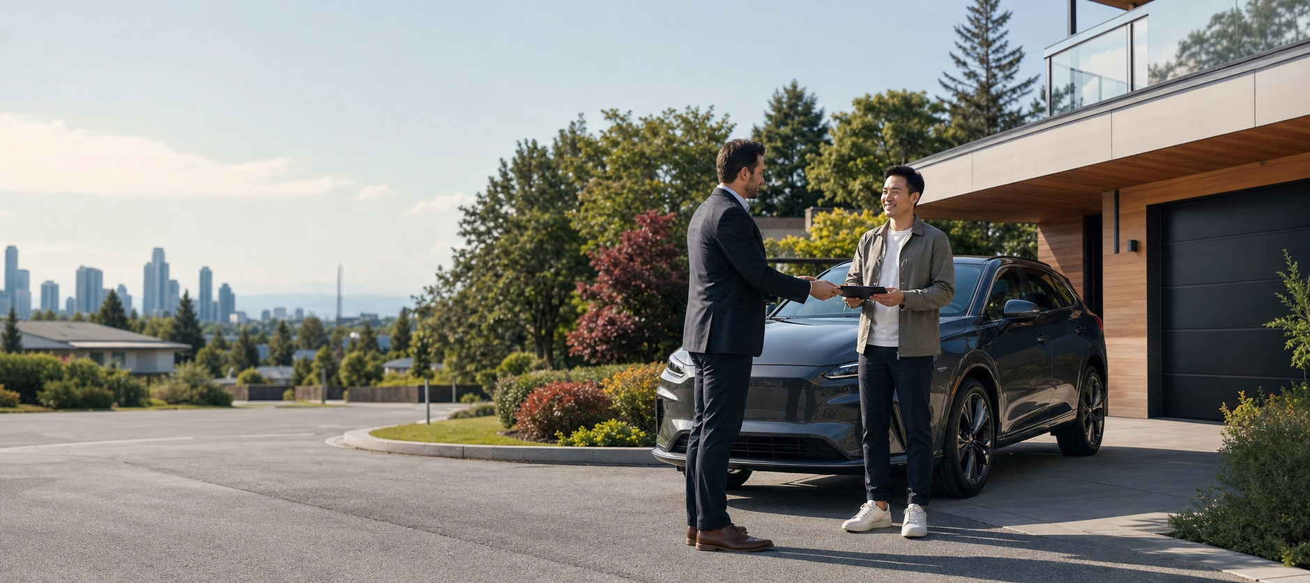 Car-buying advisor coordinating a vehicle handoff outside a Canadian home.